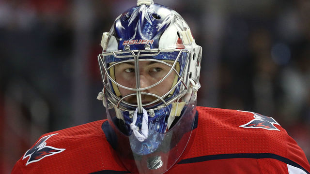 WASHINGTON, DC - APRIL 12: Goalie Philipp Grubauer #31 of the Washington Capitals looks on against the Columbus Blue Jackets in the first period in Game One of the Eastern Conference First Round during the 2018 NHL Stanley Cup Playoffs at Capital One Arena on April 12, 2018 in Washington, DC.