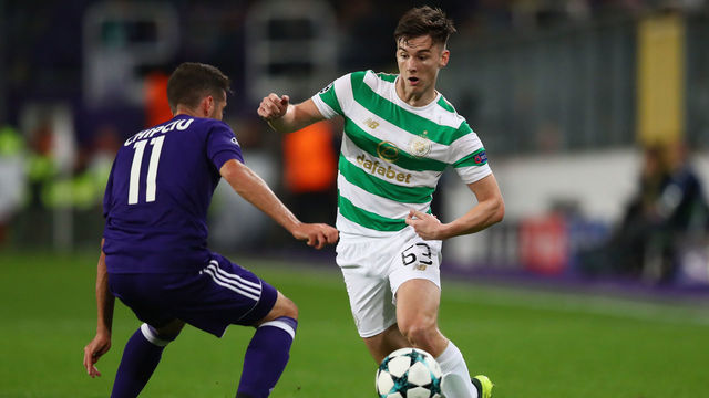 BRUSSELS, BELGIUM - SEPTEMBER 27:Alexandru Chipciu of RSC Anderlecht and Kieran Tierney of Celtic battle for possession during the UEFA Champions League group B match between RSC Anderlecht and Celtic FC at Constant Vanden Stock Stadium on September 27, 2017 in Brussels, Belgium.