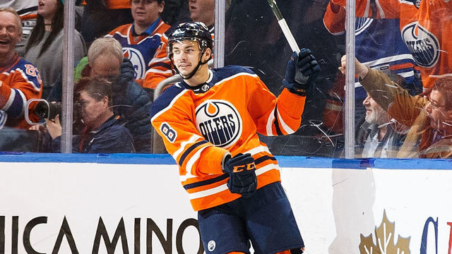 EDMONTON, AB - APRIL 05: Ty Rattie #8 of the Edmonton Oilers celebrates his goal against the Vegas Golden Knights at Rogers Place on April 5, 2018 in Edmonton, Canada.