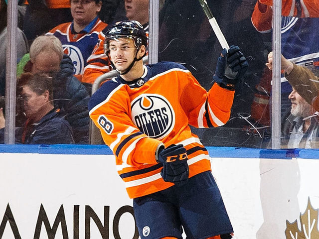 EDMONTON, AB - APRIL 05: Ty Rattie #8 of the Edmonton Oilers celebrates his goal against the Vegas Golden Knights at Rogers Place on April 5, 2018 in Edmonton, Canada.