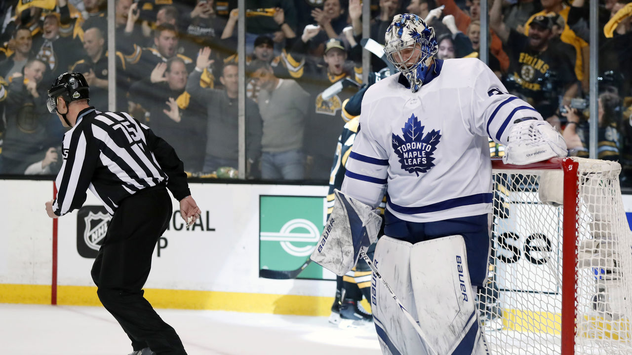 BOSTON, MA - APRIL 12: Toronto Maple Leafs goalie Frederik Andersen (31) can't watch as Boston celebrates a goal during Game 1 of the First Round for the 2018 Stanley Cup Playoffs between the Boston Bruins and the Toronto Maple Leafs on April 12, 2018, at TD Garden in Boston, Massachusetts. The Bruins defeated the Maple Leafs 5-1.