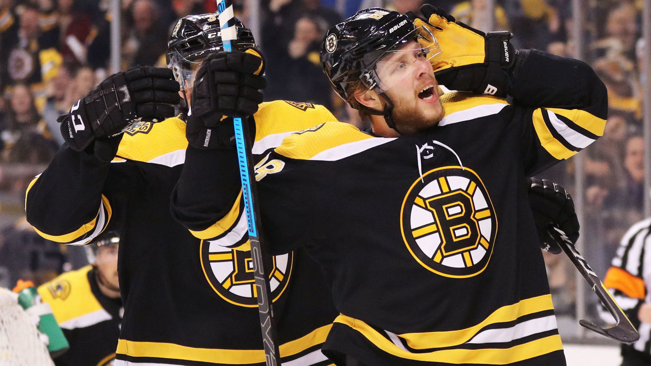 BOSTON, MA - APRIL 14: David Pastrnak #88 of the Boston Bruins celebrates after scoring a goal against the Toronto Maple Leafs during the first period of Game Two of the Eastern Conference First Round during the 2018 NHL Stanley Cup Playoffs at TD Garden on April 14, 2018 in Boston, Massachusetts.