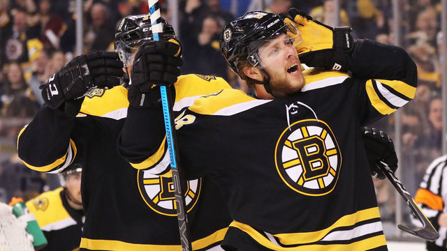 BOSTON, MA - APRIL 14: David Pastrnak #88 of the Boston Bruins celebrates after scoring a goal against the Toronto Maple Leafs during the first period of Game Two of the Eastern Conference First Round during the 2018 NHL Stanley Cup Playoffs at TD Garden on April 14, 2018 in Boston, Massachusetts.