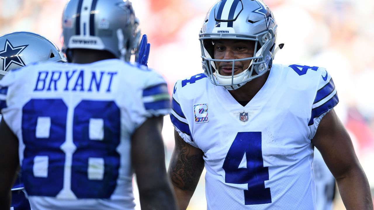 SANTA CLARA, CA - OCTOBER 22: Dez Bryant #88 and Dak Prescott #4 of the Dallas Cowboys celebrate after a two-yard touchdown against the San Francisco 49ers during their NFL game at Levi's Stadium on October 22, 2017 in Santa Clara, California.