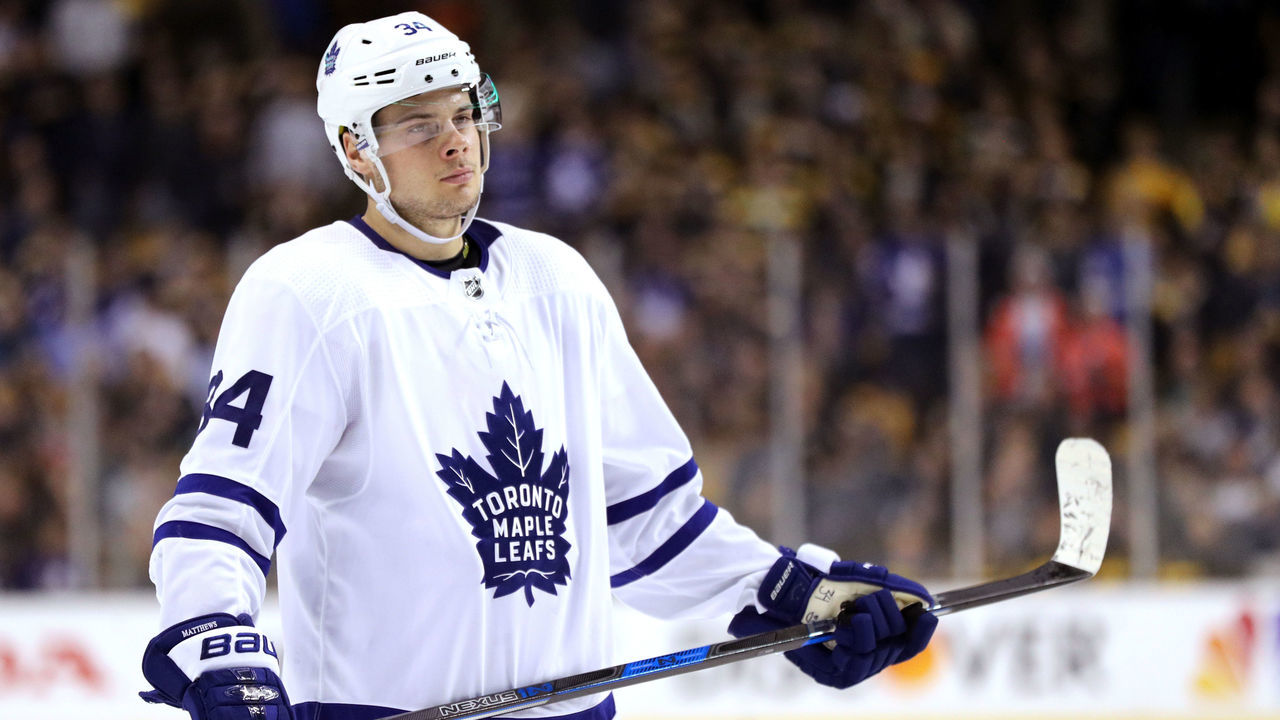 BOSTON, MA - APRIL 14: Auston Matthews #34 of the Toronto Maple Leafs looks on during the first period of Game Two of the Eastern Conference First Round against the Boston Bruins during the 2018 NHL Stanley Cup Playoffs at TD Garden on April 14, 2018 in Boston, Massachusetts.
