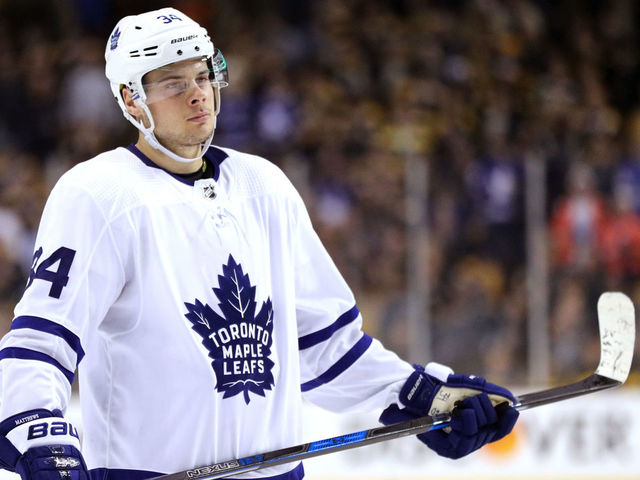 BOSTON, MA - APRIL 14: Auston Matthews #34 of the Toronto Maple Leafs looks on during the first period of Game Two of the Eastern Conference First Round against the Boston Bruins during the 2018 NHL Stanley Cup Playoffs at TD Garden on April 14, 2018 in Boston, Massachusetts.