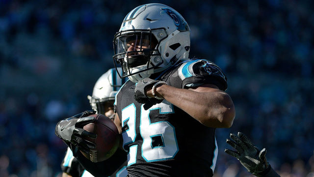 CHARLOTTE, NC - DECEMBER 10: Daryl Worley #26 of the Carolina Panthers celebrates an interception against the Minnesota Vikings in the first quarter during their game at Bank of America Stadium on December 10, 2017 in Charlotte, North Carolina.