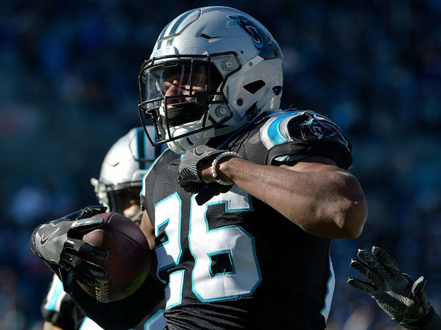 CHARLOTTE, NC - DECEMBER 10: Daryl Worley #26 of the Carolina Panthers celebrates an interception against the Minnesota Vikings in the first quarter during their game at Bank of America Stadium on December 10, 2017 in Charlotte, North Carolina.