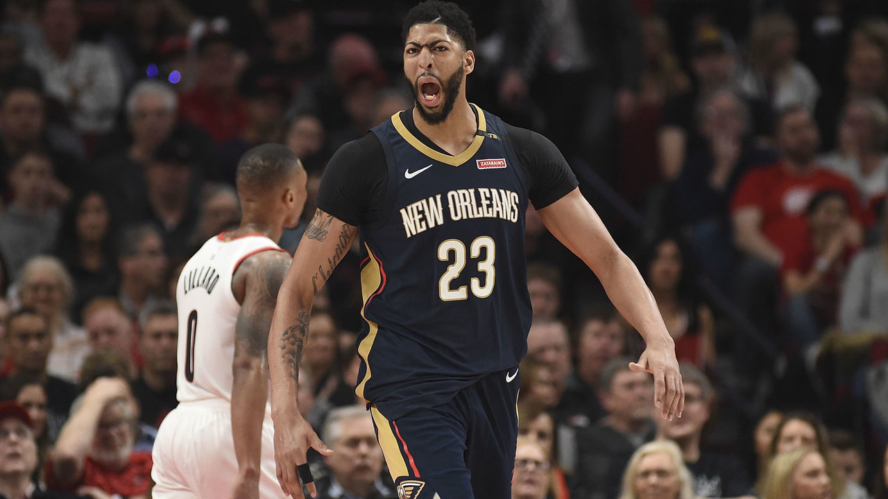 PORTLAND, OR - APRIL 14: Anthony Davis #23 of the New Orleans Pelicans reacts after making a shot during the second half of game one of the the first round of the 2018 NBA Playoffs against the Portland Trail Blazers at the Moda Center on April 14, 2018 in Portland, Oregon. The Pelicans won 97-95.