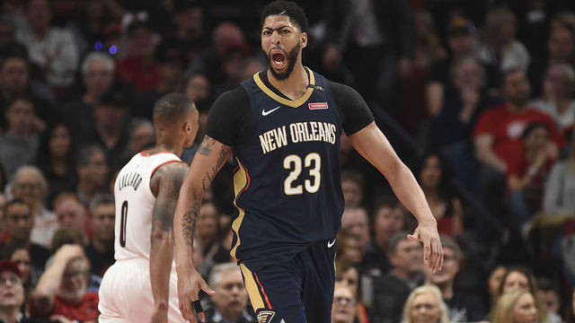 PORTLAND, OR - APRIL 14: Anthony Davis #23 of the New Orleans Pelicans reacts after making a shot during the second half of game one of the the first round of the 2018 NBA Playoffs against the Portland Trail Blazers at the Moda Center on April 14, 2018 in Portland, Oregon. The Pelicans won 97-95.