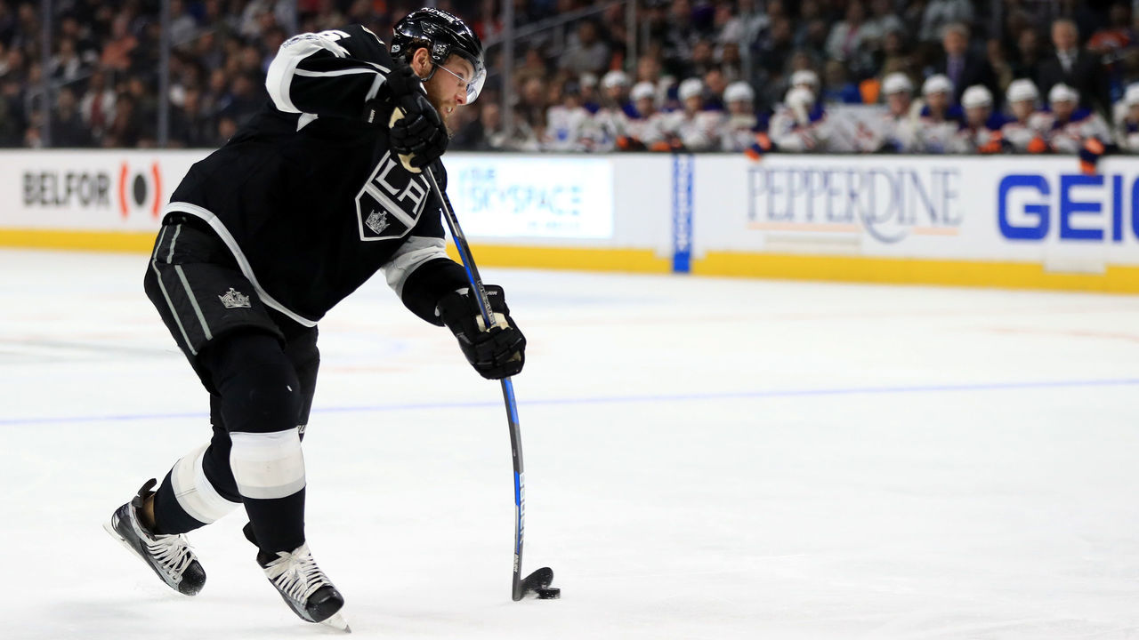 LOS ANGELES, CA - APRIL 04: Jake Muzzin #6 of the Los Angeles Kings shoots the puck during the second period of a game against the Edmonton Oilers at Staples Center on April 4, 2017 in Los Angeles, California.
