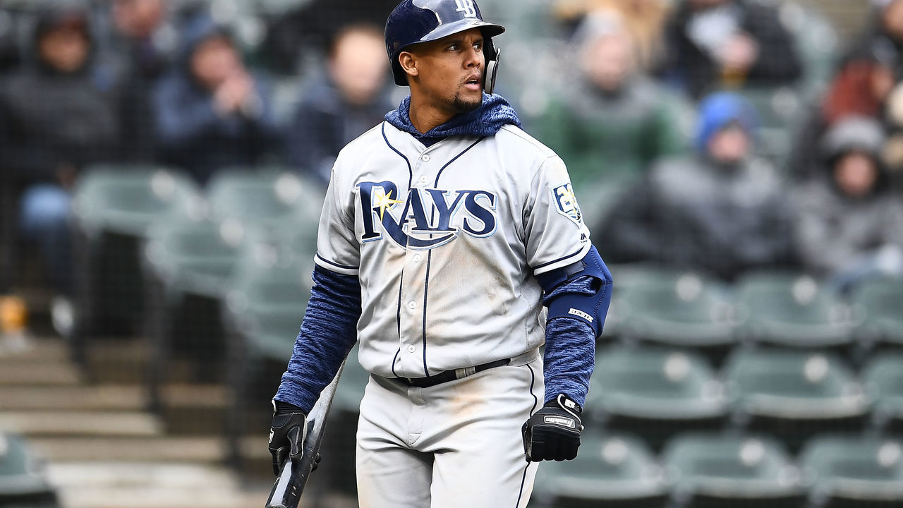 CHICAGO, IL - APRIL 09: Carlos Gomez #27 of the Tampa Bay Rays reacts to a strike out during the sixth inning of a game against the Chicago White Sox at Guaranteed Rate Field on April 9, 2018 in Chicago, Illinois.