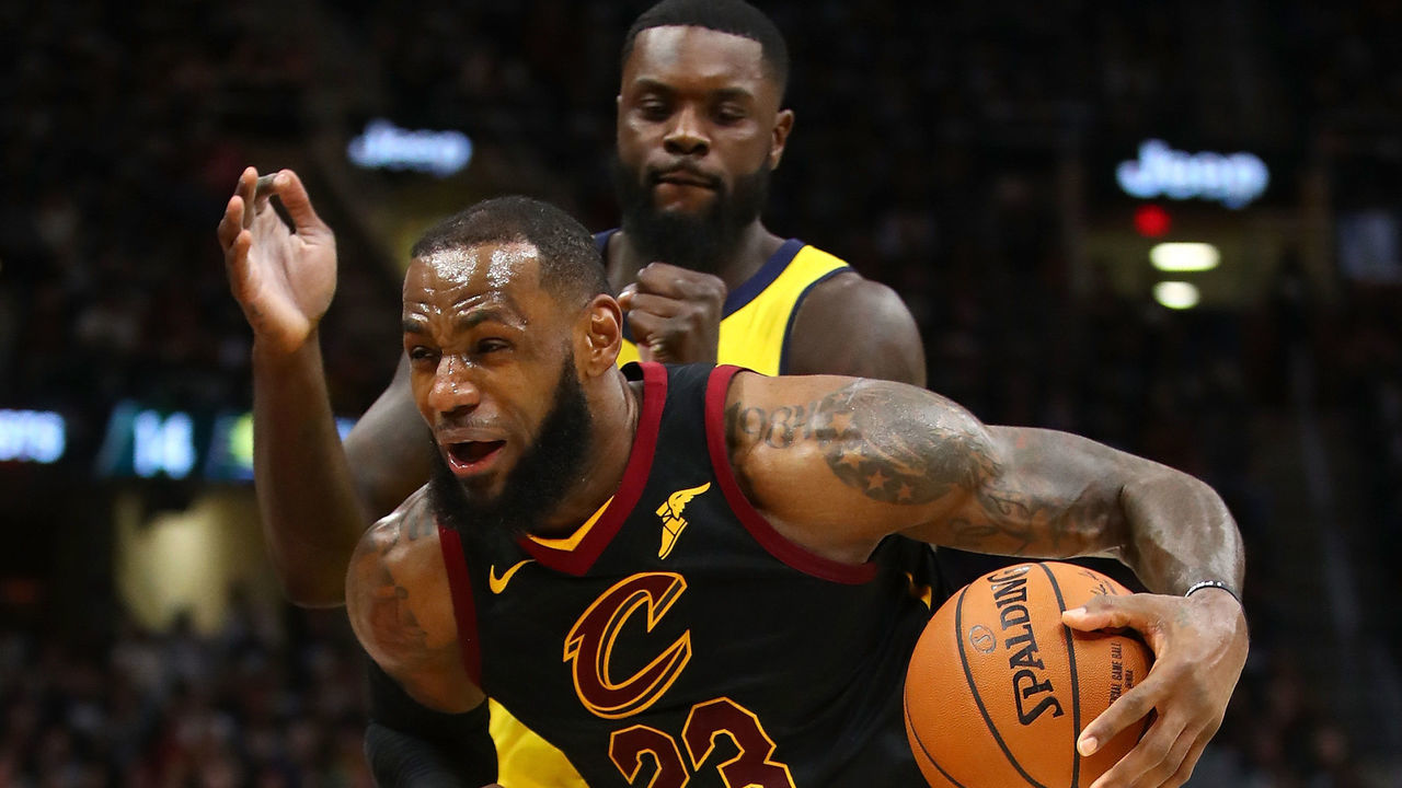CLEVELAND, OH - APRIL 15: LeBron James #23 of the Cleveland Cavaliers drives past Lance Stephenson #1 of the Indiana Pacers during the second half in Game One of the Eastern Conference Quarterfinals during the 2018 NBA Playoffs at Quicken Loans Arena on April 15, 2018 in Cleveland, Ohio. Indiana won the game 98-80 to take a 1-0 series lead.