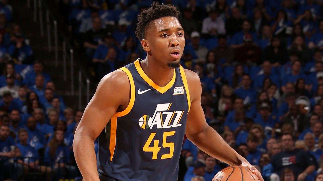 OKLAHOMA CITY, OK - APRIL 15: Donovan Mitchell #45 of the Utah Jazz handles the ball against the Oklahoma City Thunder during Game One of Round One of the 2018 NBA Playoffs on April 15, 2018 at Chesapeake Energy Arena in Oklahoma City, Oklahoma. NOTE TO USER: User expressly acknowledges and agrees that, by downloading and/or using this photograph, user is consenting to the terms and conditions of the Getty Images License Agreement. Mandatory Copyright Notice: Copyright 2018 NBAE