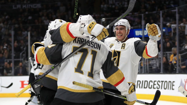 LOS ANGELES, CA - APRIL 15: William Karlsson #71 is congratulated after scoring a goal by Reilly Smith #19 of the Vegas Golden Knights during the third period in Game Three of the Western Conference First Round during the 2018 NHL Stanley Cup Playoffs at Staples Center on April 15, 2018 in Los Angeles, California.