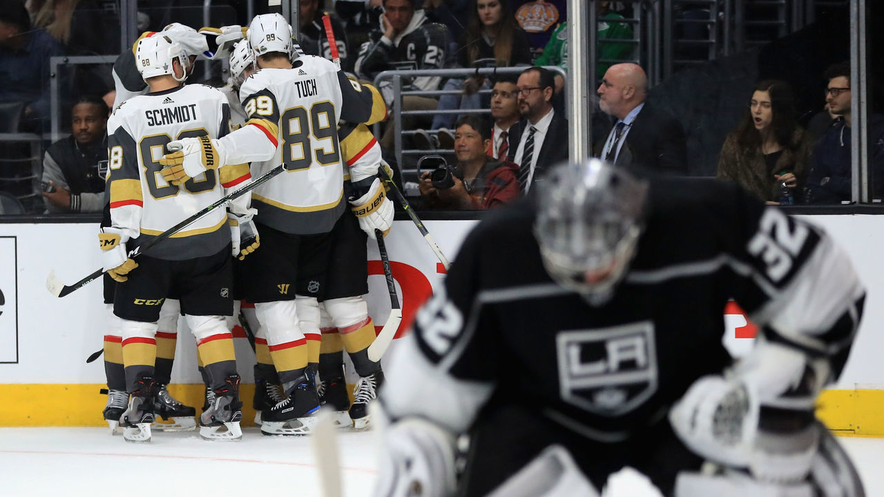 LOS ANGELES, CA - APRIL 15: Nate Schmidt #88 and Alex Tuch #89 congratulate James Neal #18 of the Vegas Golden Knights after scoring a goal while Jonathan Quick #32 of the Los Angeles Kings looks on during the third period in Game Three of the Western Conference First Round during the 2018 NHL Stanley Cup Playoffs at Staples Center on April 15, 2018 in Los Angeles, California.