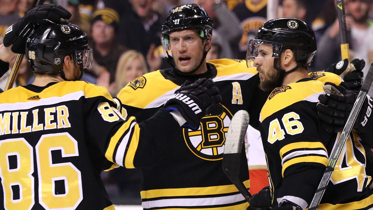 BOSTON, MA - APRIL 08: David Backes #42 of the Boston Bruins, center, celebrates with Kevan Miller #86 and David Krejci #46 after scoring against the Florida Panthers during the first period at TD Garden on April 8, 2018 in Boston, Massachusetts.