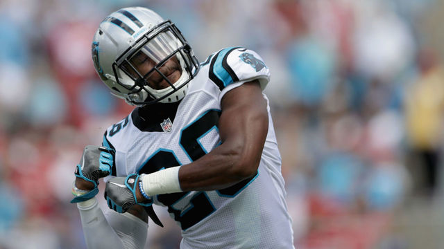 CHARLOTTE, NC - SEPTEMBER 18: Daryl Worley #26 of the Carolina Panthers winds up for a swing against the San Francisco 49ers in the 1st half during their game at Bank of America Stadium on September 18, 2016 in Charlotte, North Carolina.