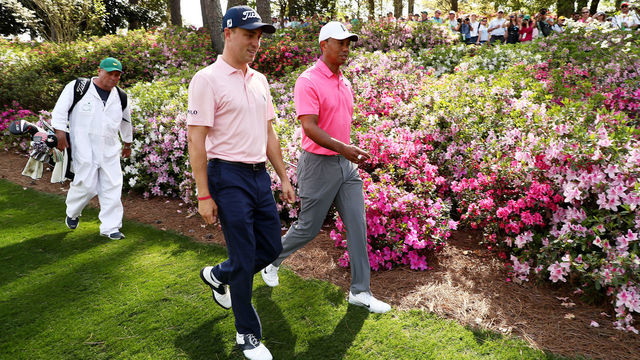 AUGUSTA, GA - APRIL 02: Justin Thomas amd Tiger Woods of the United States walk on the seventh hole during a practice round prior to the start of the 2018 Masters Tournament at Augusta National Golf Club on April 2, 2018 in Augusta, Georgia.
