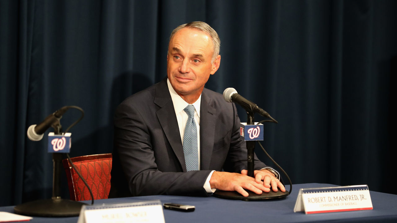 WASHINGTON, DC - JULY 26: Commissioner of Baseball Robert D. Manfred Jr. speaks during the unveiling of the 2018 All-Star Game logo at Nationals Park on July 26, 2017 in Washington, DC.