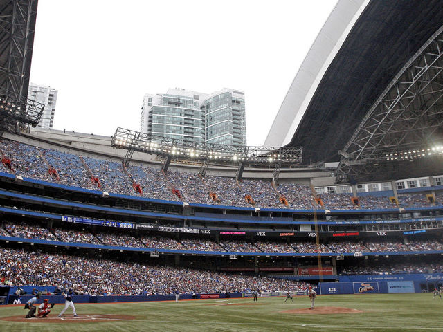 TORONTO, CANADA - JUNE 17: The Rogers Centre roof opens to an overcast day midway through the second inning during MLB action between the Philadelphia Phillies and the Toronto Blue Jays at The Rogers Centre June 17, 2012 in Toronto, Ontario, Canada.