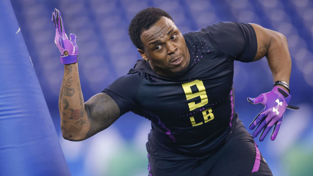 INDIANAPOLIS, IN - MARCH 04: Indiana linebacker Chris Covington (LB09) runs thru a drill during the NFL Scouting Combine at Lucas Oil Stadium on March 4, 2018 in Indianapolis, Indiana.