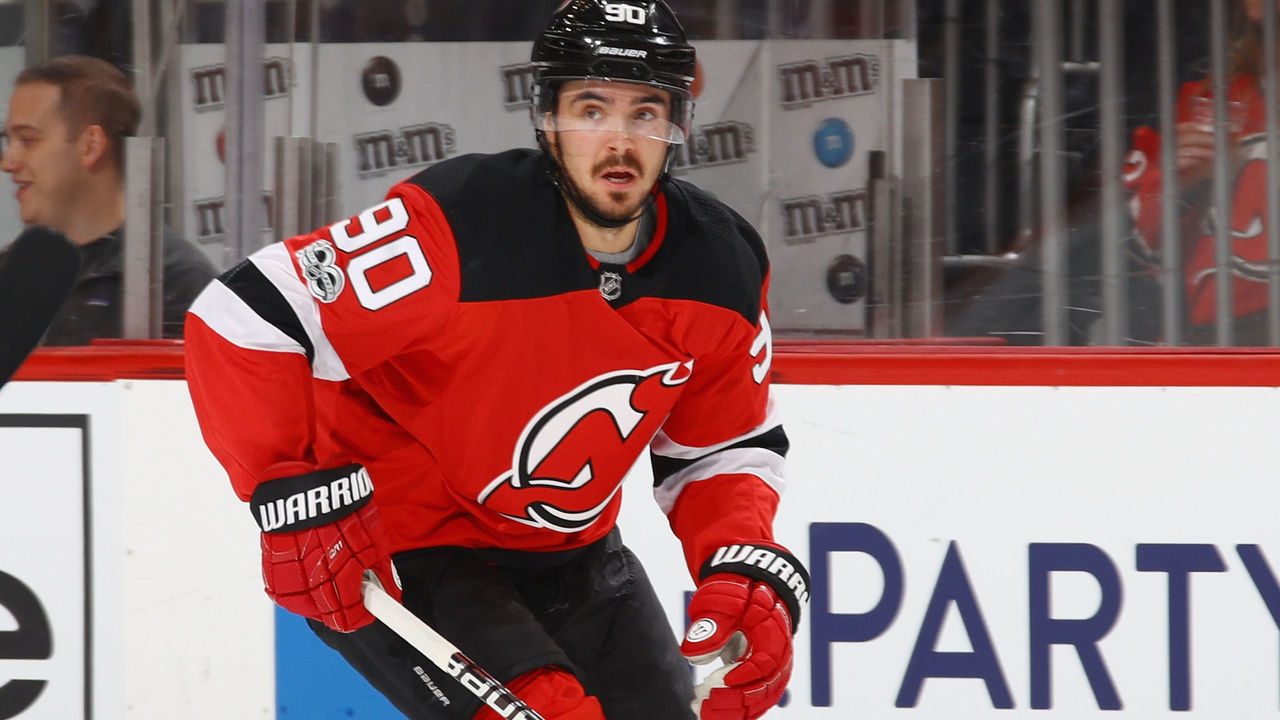 NEWARK, NJ - OCTOBER 20: Marcus Johansson #90 of the New Jersey Devils skates against the San Jose Sharks at the Prudential Center on October 20, 2017 in Newark, New Jersey. The Sharks shutout the Devils 3-0.