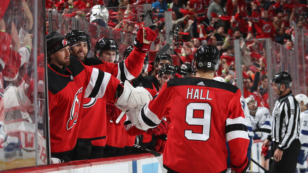 NEWARK, NJ - APRIL 16: Taylor Hall #9 of the New Jersey Devils celebrates his second period goal against the Tampa Bay Lightning in Game Three of the Eastern Conference First Round during the 2018 NHL Stanley Cup Playoffs at the Prudential Center on April 16, 2018 in Newark, New Jersey.