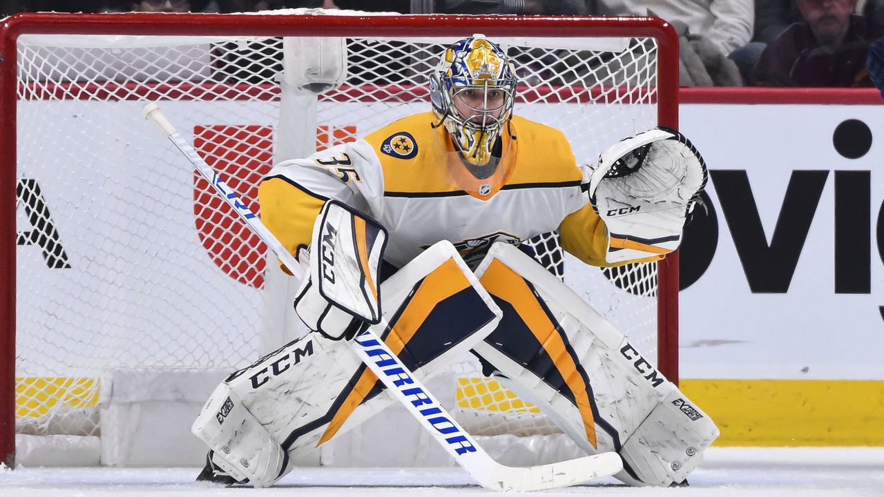 MONTREAL, QC - FEBRUARY 10: Goaltender Pekka Rinne #35 of the Nashville Predators remains focused as he protects his net against the Montreal Canadiens during the NHL game at the Bell Centre on February 10, 2018 in Montreal, Quebec, Canada. The Nashville Predators defeated the Montreal Canadiens 3-2 in a shootout.