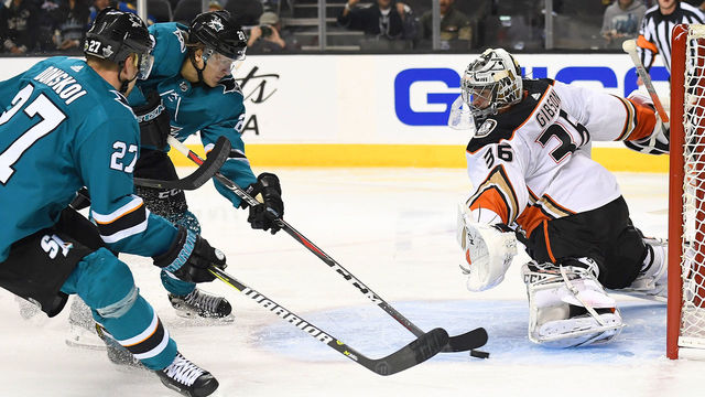 SAN JOSE, CA - APRIL 16: Marcus Sorensen #20 of the San Jose Sharks with an assist from Joonas Donskoi #27 shoots and scores getting his shot past goalie John Gibson #36 of the Anaheim Ducks during the second period in Game Three of the Western Conference First Round during the 2018 NHL Stanley Cup Playoffs at SAP Center on April 16, 2018 in San Jose, California.