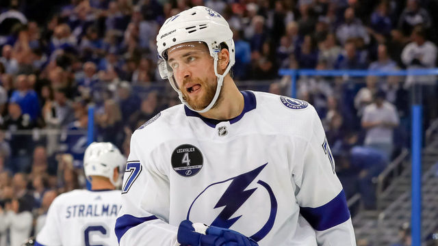 TAMPA, FL - FEBRUARY 10: Victor Hedman #77 of the Tampa Bay Lightning reacts during the game against the Los Angeles Kings at the Amalie Arena on February 10, 2018 in Tampa, Florida.