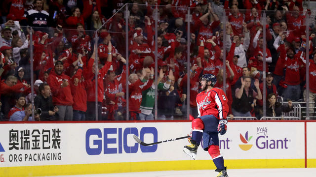 WASHINGTON, DC - APRIL 15: Alex Ovechkin #8 of the Washington Capitals celebrates after scoring a first period goal against the Columbus Blue Jackets during Game Two of the Eastern Conference First Round during the 2018 NHL Stanley Cup Playoffs at Capital One Arena on April 15, 2018 in Washington, DC.