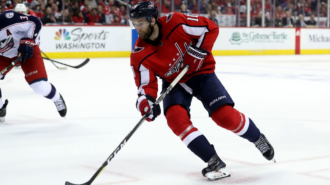 WASHINGTON, DC - APRIL 15: Brett Connolly #10 of the Washington Capitals skates with the puck against the Columbus Blue Jackets during Game Two of the Eastern Conference First Round during the 2018 NHL Stanley Cup Playoffs at Capital One Arena on April 15, 2018 in Washington, DC.