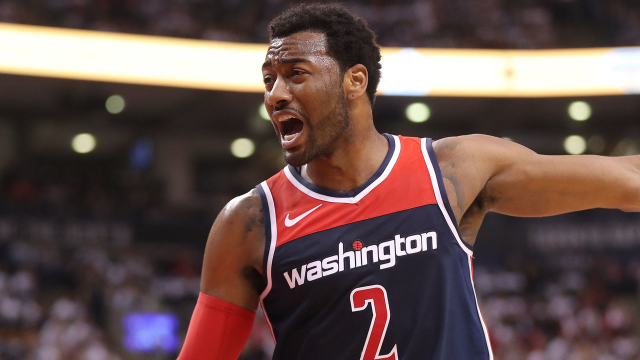 TORONTO, ON - APRIL 14: John Wall #2 of the Washington Wizards reacts against the Toronto Raptors in the third quarter during Game One of the first round of the 2018 NBA Playoffs at Air Canada Centre on April 14, 2018 in Toronto, Canada.