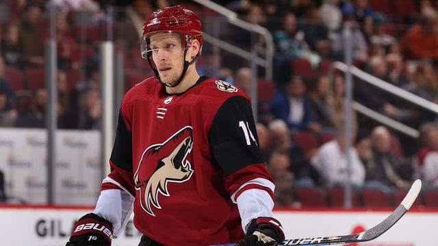 GLENDALE, AZ - JANUARY 16: Richard Panik #14 of the Arizona Coyotes awaits a face off during the NHL game against the San Jose Sharks at Gila River Arena on January 16, 2018 in Glendale, Arizona. The Sharks defeated the Coyotes 3-2 in an overtime shootout.