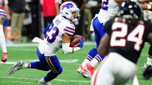 ATLANTA, GA - OCTOBER 01: Micah Hyde #23 of the Buffalo Bills returns an interception during the second half against the Atlanta Falcons at Mercedes-Benz Stadium on October 1, 2017 in Atlanta, Georgia.