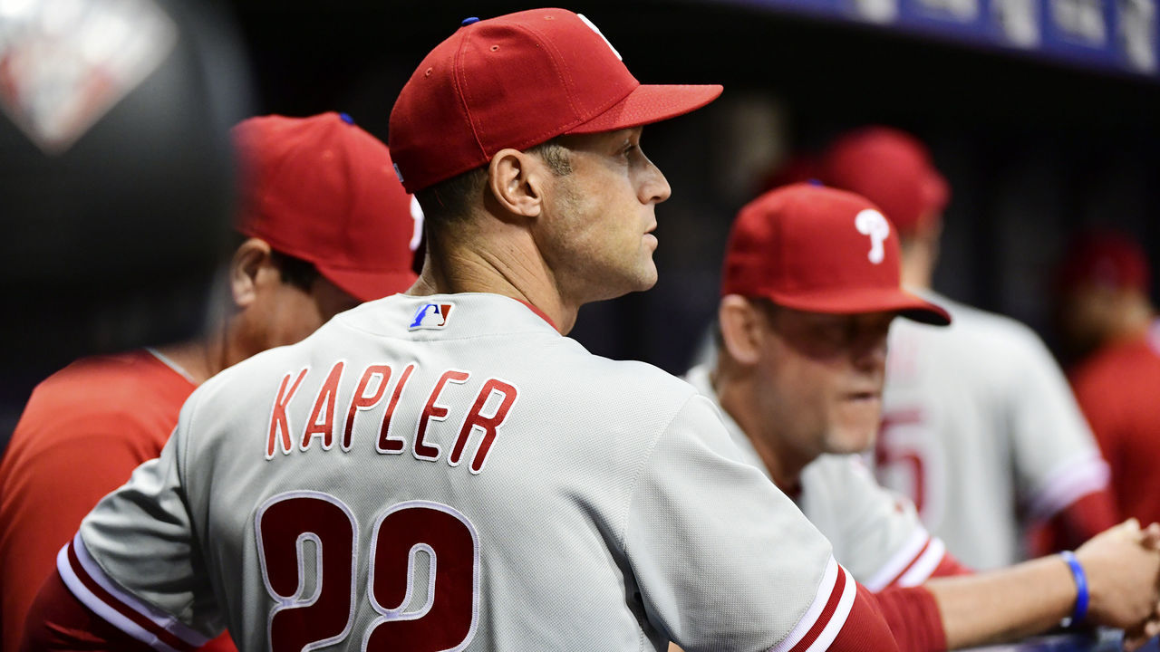 ST PETERSBURG, FL - Gabe Kapler #22 of the Philadelphia Phillies watches on during the top of the eighth inning against the Tampa Bay Rays on April 14, 2018 at Tropicana Field in St Petersburg, Florida.