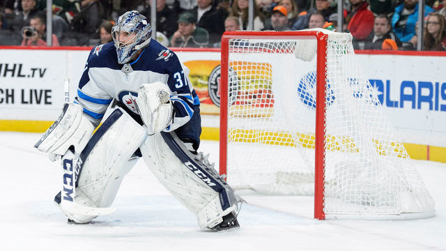 ST PAUL, MN - OCTOBER 31: Connor Hellebuyck #37 of the Winnipeg Jets defends the net against the Minnesota Wild during the game on October 31, 2017 at Xcel Energy Center in St Paul, Minnesota. The Jets defeated the Wild 2-1.