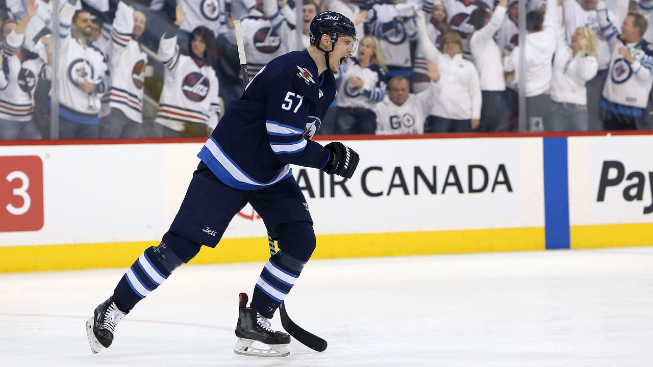 WINNIPEG, MANITOBA - APRIL 13: Tyler Myers #57 of the Winnipeg Jets celebrates scoring against the Minnesota Wild in Game Two of the Western Conference First Round during the 2018 NHL Stanley Cup Playoffs on April 13, 2018 at Bell MTS Place in Winnipeg, Manitoba, Canada.