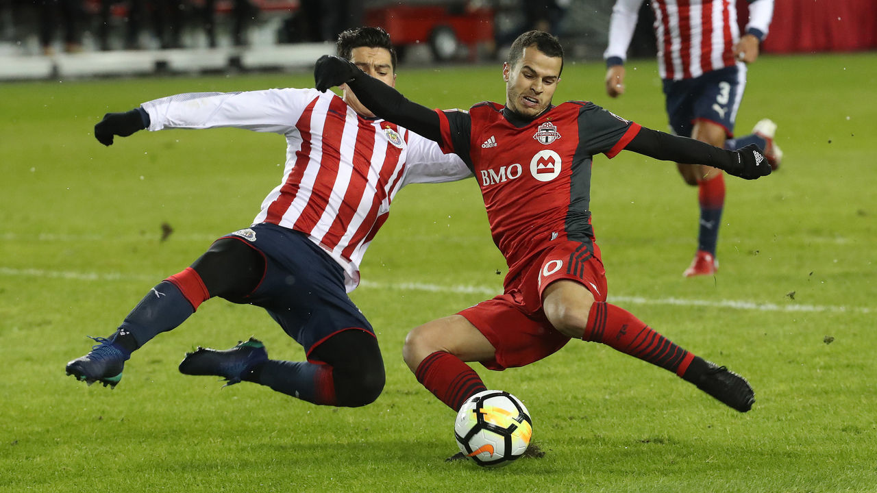 TORONTO, ON- APRIL 17 - Toronto FC forward Sebastian Giovinco (10) gets off a shot before Chivas de Guadalajara midfielder Michael Perez (25) can get to him as the Toronto FC plays Chivas de Guadalajara in the first leg of the CONCACAF Champions League Final at BMO Field in Toronto. April 17, 2018. (Steve Russell/Toronto Star via Getty Images)
