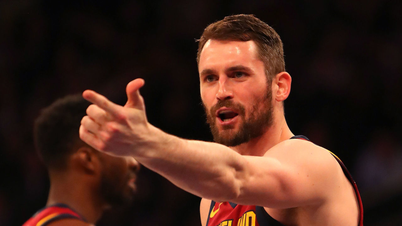 NEW YORK, NY - APRIL 09: Kevin Love #0 of the Cleveland Cavaliers reacts after a foul call in the second half against the New York Knicks at Madison Square Garden on April 9, 2018 in New York City.