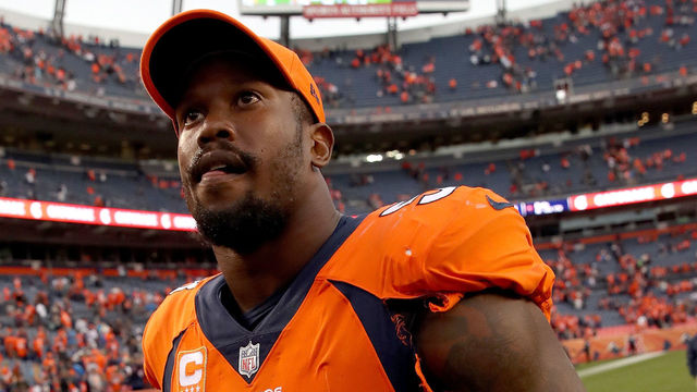 DENVER, CO - OCTOBER 01: Von Miller #58 of the Denver Broncos leaves the field after their win against the Oakland Raiders at Sports Authority Field at Mile High on October 1, 2017 in Denver, Colorado.