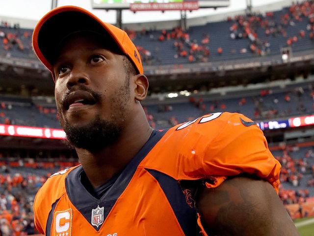 DENVER, CO - OCTOBER 01: Von Miller #58 of the Denver Broncos leaves the field after their win against the Oakland Raiders at Sports Authority Field at Mile High on October 1, 2017 in Denver, Colorado.