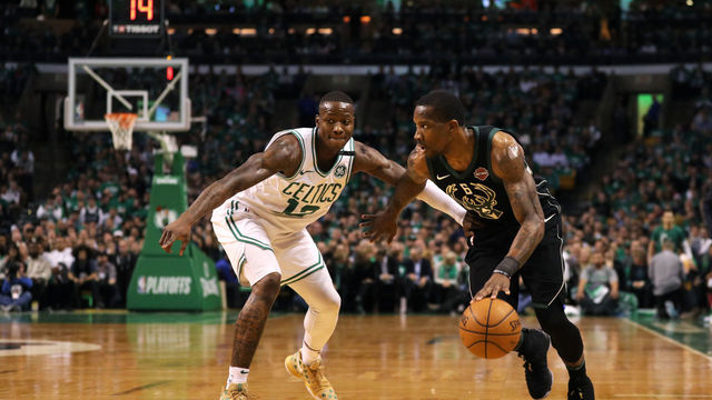 BOSTON, MA - APRIL 17: Terry Rozier #12 of the Boston Celtics defends Eric Bledsoe #6 of the Milwaukee Bucks in the first quarter of Game Two in Round One of the 2018 NBA Playoffs at TD Garden on April 17, 2018 in Boston, Massachusetts.
