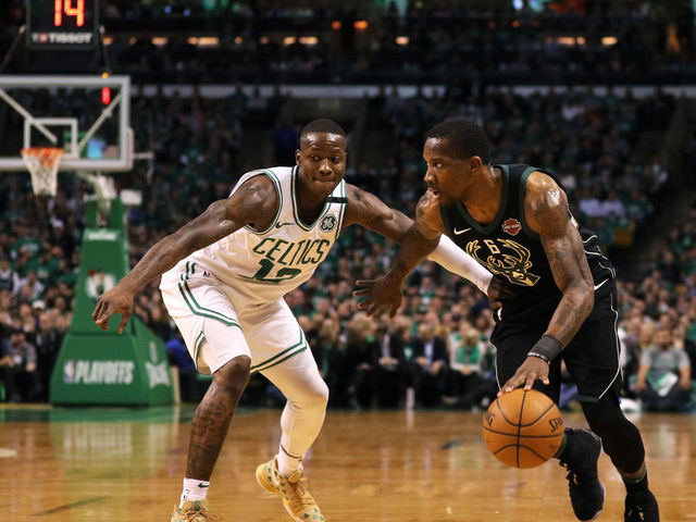 BOSTON, MA - APRIL 17: Terry Rozier #12 of the Boston Celtics defends Eric Bledsoe #6 of the Milwaukee Bucks in the first quarter of Game Two in Round One of the 2018 NBA Playoffs at TD Garden on April 17, 2018 in Boston, Massachusetts.