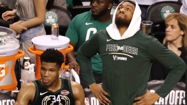 BOSTON, MA - APRIL 17: Giannis Antetokounmpo #34 of the Milwaukee Bucks and Jabari Parker #12 look on from the bench in the fourth quarter of Game Two in Round One of the 2018 NBA Playoffs against the Boston Celtics at TD Garden on April 17, 2018 in Boston, Massachusetts. The Celtics defeat the Bucks 120-106.