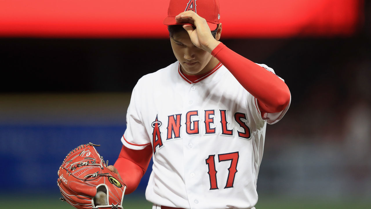 ANAHEIM, CA - APRIL 17: Shohei Ohtani #17 of the Los Angeles Angels of Anaheim looks on during the second inning of a game against the Boston Red Sox at Angel Stadium on April 17, 2018 in Anaheim, California.
