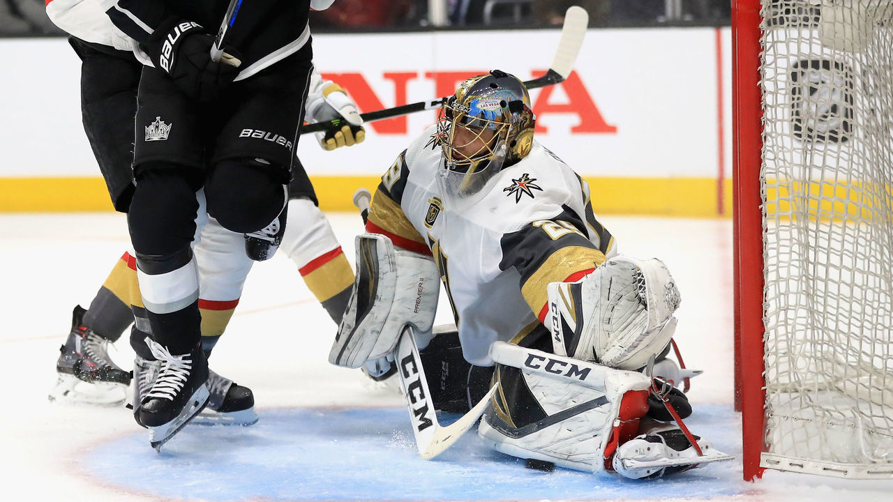 LOS ANGELES, CA - APRIL 15: Adrian Kempe #9 of the Los Angeles Kings screens Marc-Andre Fleury #29 of the Vegas Golden Knights during the second period in Game Three of the Western Conference First Round during the 2018 NHL Stanley Cup Playoffs at Staples Center on April 15, 2018 in Los Angeles, California.