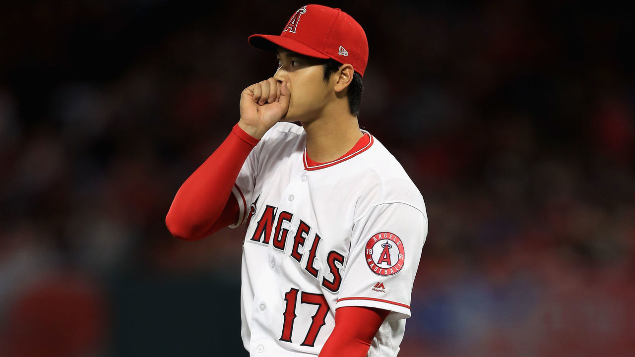 ANAHEIM, CA - APRIL 17: Shohei Ohtani #17 of the Los Angeles Angels of Anaheim looks on during the second inning of a game against the Boston Red Sox at Angel Stadium on April 17, 2018 in Anaheim, California.