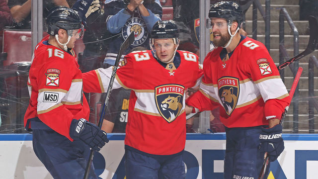 SUNRISE, FL - APRIL 5: Aleksander Barkov #16 celebrates his first period goal with Aaron Ekblad #5 and Evgeni Dadonov #63 of the Florida Panthers against the Boston Bruins at the BB&T Center on April 5, 2018 in Sunrise, Florida.